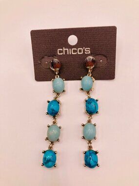 Chico’s Gold-Tone Linear Earrings Blue & Turquoise Oval Stones -31B